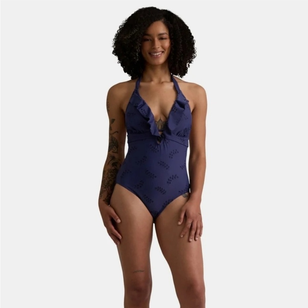 NWT Time and Tru Navy Blue One Piece Swimsuit with V-Neck Halter Eyelet Design